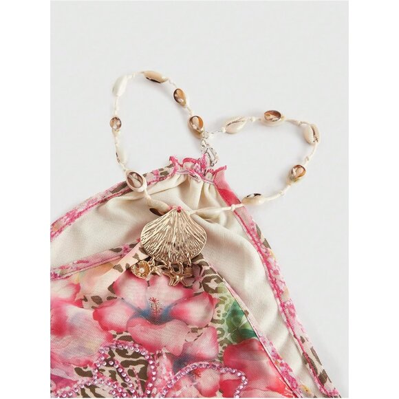 Women's Mesh Mini Dress Floral Leopard Ruffle Halter Casual Summer - Picture 3 of 4